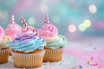 Celebrate a unicorn-themed birthday party with vibrant pastel-colored unicorn cupcakes displayed against a background of soft pastel bokeh.