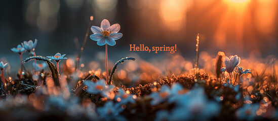 spring banner with inscription hello spring with flowers, beginning of spring - obrazy, fototapety, plakaty