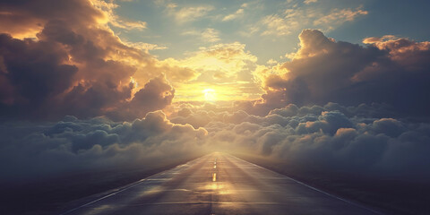 Concept of a path winding through the clouds, ending at a brilliant light in the distance, road to heaven - obrazy, fototapety, plakaty