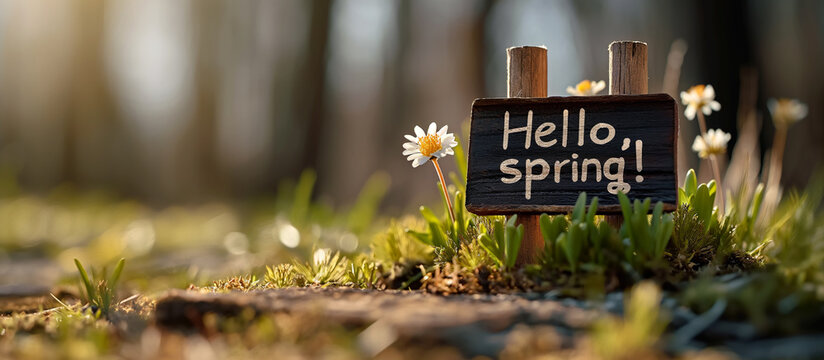 spring banner with inscription hello spring with flowers, beginning of spring - Powered by Adobe