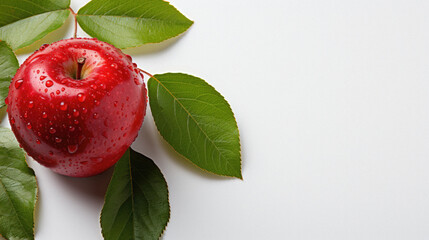 Red apple with green leaves on a white background. Copy space .