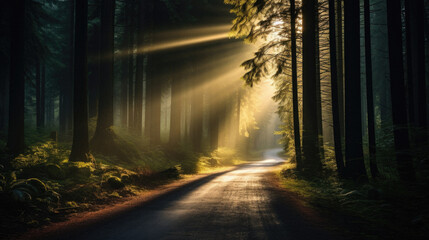Foggy road in the dark forest with rays of light .