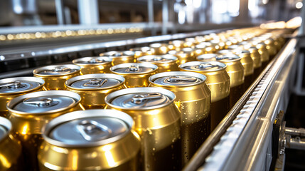 Gold beer aluminium cans in a conveyor belt. AI Generative
