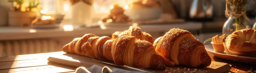 Fotobehang Morning light streaming onto a table set with a variety of gourmet pastries, including chocolate croissants and almond bear claws © chayantorn