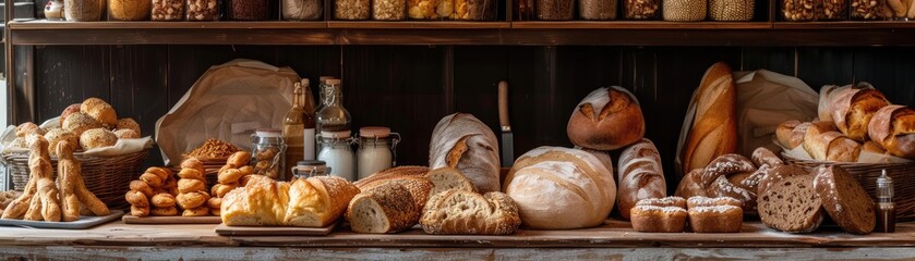 Rustic bakery setting with a wooden shelf displaying a variety of breads and pastries, with a focus on textures and natural colors - obrazy, fototapety, plakaty