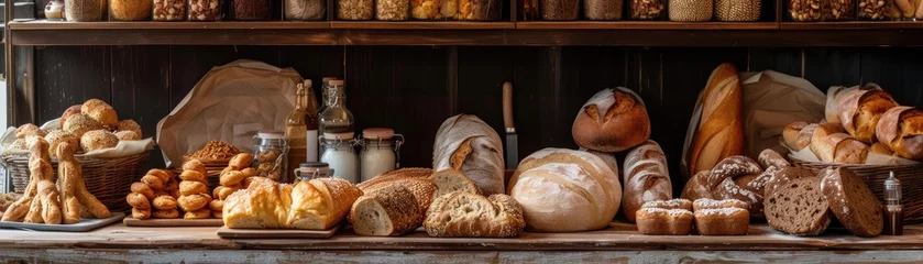 Papier Peint photo autocollant Pain Rustic bakery setting with a wooden shelf displaying a variety of breads and pastries, with a focus on textures and natural colors