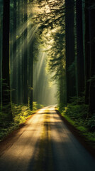 An image of a beautiful road in the forest with sunbeams