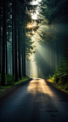 Foggy road in the forest with sunlight and sunbeams