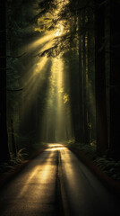 An image of a forest road in the light of the sun .