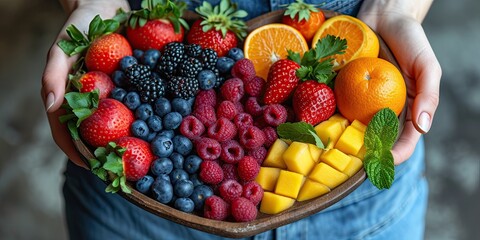 Summer bounty in bowl ripe and fresh medley of colorful berries. Organic delights from nature lap...