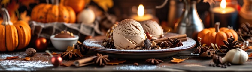 Thanksgiving dessert scene with pumpkin spice ice cream and autumn-themed treats, warm and inviting setting - obrazy, fototapety, plakaty
