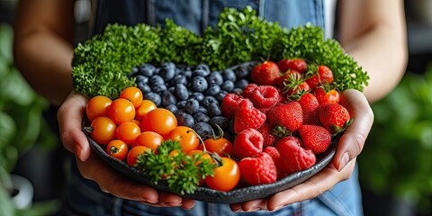 Summer bounty in bowl ripe and fresh medley of colorful berries. Organic delights from nature lap strawberries blueberries and raspberries closeup. Health vegan feast of juicy fruits rich in vitamins