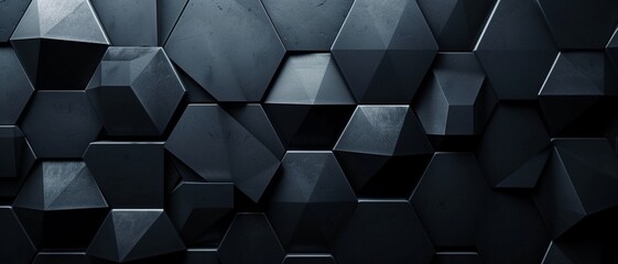Abstract texture dark black gray background banner panorama long with 3d geometric triangular gradient shapes for website, business, print design template metallic metal paper pattern illustration - obrazy, fototapety, plakaty