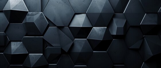 Abstract texture dark black gray background banner panorama long with 3d geometric triangular gradient shapes for website, business, print design template metallic metal paper pattern illustration