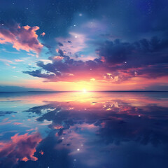 Naklejka na ściany i meble A beautiful lake reflecting sunrise, symmetrical about distant horizon