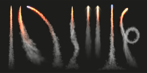 Rocket launch smoke tracks. Dynamic jet fly trails, plane engine cloud trace and flying rocket Fire track isolated vector illustration set © WinWin