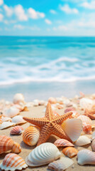 Fototapeta na wymiar Starfish and seashells on sandy beach with blue sea background