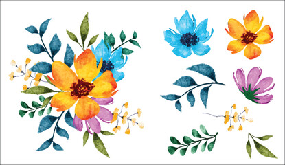 Colorful flowers and leaves illustration with a watercolor bouquet