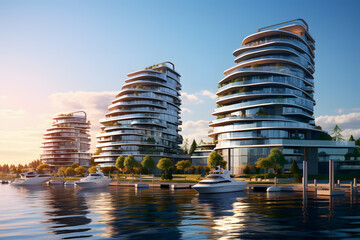  Luxury Waterfront Apartment Towers with Private Piers - obrazy, fototapety, plakaty