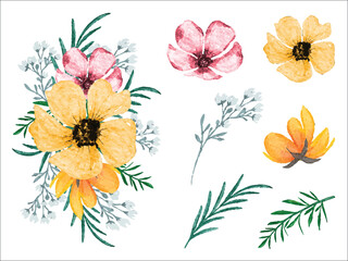 Watercolor flower bouquet illustration with isolated flowers and leaves
