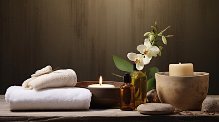 Spa still life with orchids, candles and towels on wooden background