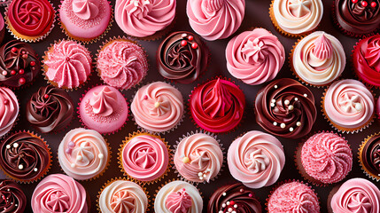 Mouthwatering cupcakes arranged in a repetitive pattern, creating a seamless background for a sweet and indulgent atmosphere