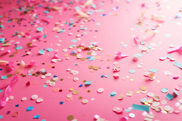 colorful confetti party aftermath on plain pink studio background
