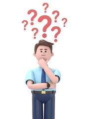 Making a decision with arrows and question mark above head. 3D illustration in cartoon style.3D illustration of Asian man Felix.

