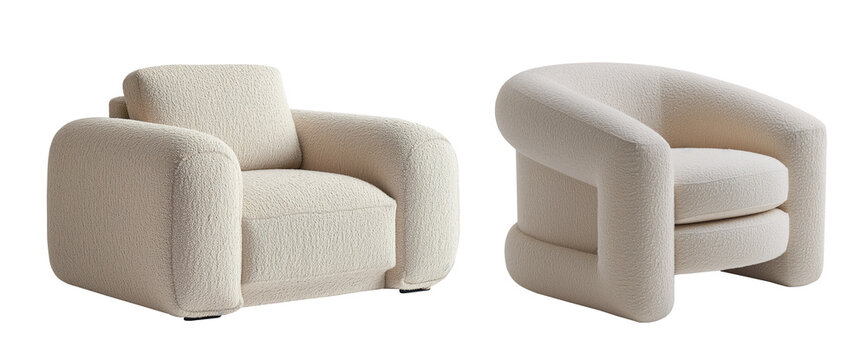 Set of Isolated White Sofa with a textured boucle fabric, Comfortable Armchair Providing Cozy and Inviting Feel