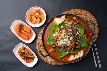 Gamjatang, pork backbone, hot pot, braised pollack, red chili paste pork bulgogi, bulgogi, side...