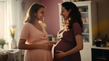 Two friends celebrating their pregnancies with joyful dancing - obrazy, fototapety, plakaty