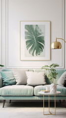 Modern living room interior with mint sofa, coffee table and poster .