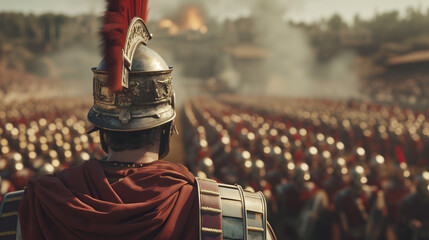 Back view of Roman centurion with roman soldiers army,  Historical character in golden armor - obrazy, fototapety, plakaty