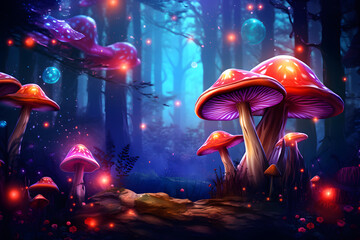 Magical forest with glowing mushrooms background - obrazy, fototapety, plakaty
