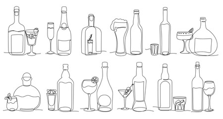 Continuous one line alcohol drinks. Minimalist alcohol bottles and glasses, bar beverages isolated vector illustration set