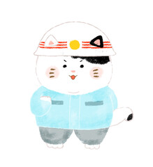 ガッツポーズする救急隊員のねこのイラスト　クレヨンタッチ