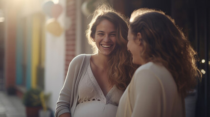 Pregnant friends hugging and laughing as they meet outside the studio