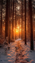 Beautiful sunset in the winter forest. Snowy path in the forest .