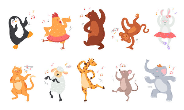 Cartoon dancing animals. Zoo characters in birthday party dance poses, happy animal mascot groove isolated vector illustration set