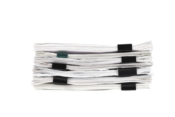 Stack of papers with paper clips, office folders. Transparent background. PNG.