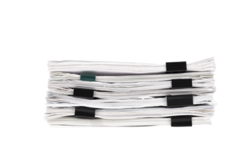 Stack of papers with paper clips, office folders. Transparent background. PNG.