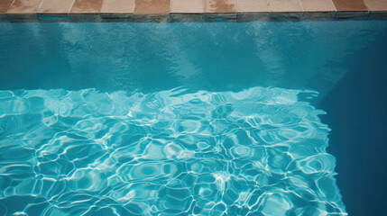Swimming pool with sun reflections. Blue water in swimming pool .