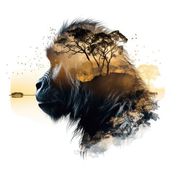 Cool and Beautiful Double Exposure Silhouette Baboon Animal in Natural Habitat