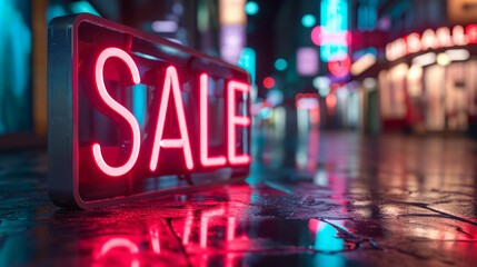 Glowing neon Sale sign on wet city street at night, urban shopping promotion - obrazy, fototapety, plakaty