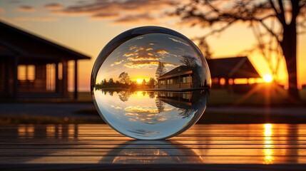 a ball of glass reflecting the sunset in the style of dreamlike