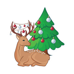Obraz na płótnie Canvas deer with christmas tree illustration