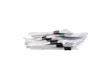 Stack of papers with paper clips, office folders. Transparent background. PNG.