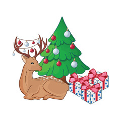 Obraz na płótnie Canvas deer, gift box with christmass tree illustration