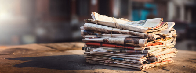 Stack of newspapers on a wooden table in the old city, panorama