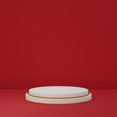 Gold cylinder Product Stand in red room ,Studio Scene For Product ,minimal design,3D rendering, Chinese new year